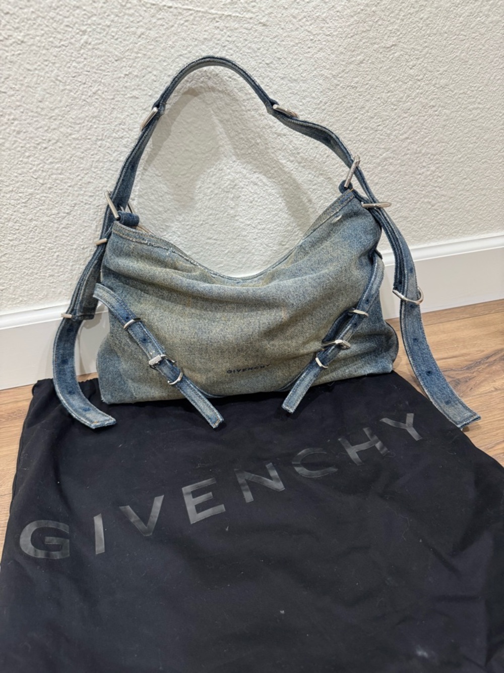 Givenchy Washed Blue Denim Shoulder Bag with Buckle Details